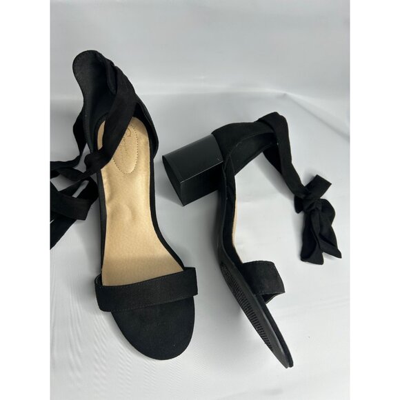 Black Suede Open Toe Block Heel Sandals With Ankle Strap Tie-Up Size 10 - Picture 5 of 8